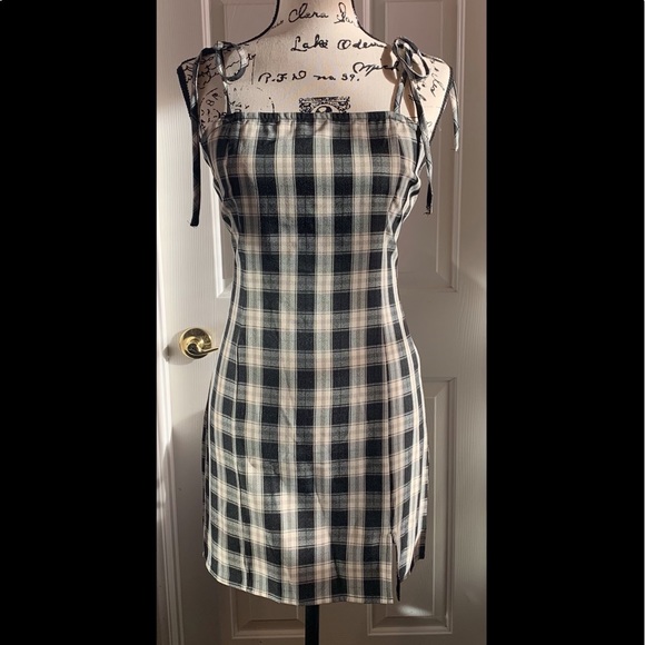 Plaid Knot Shoulder Mini Dress - Picture 1 of 2